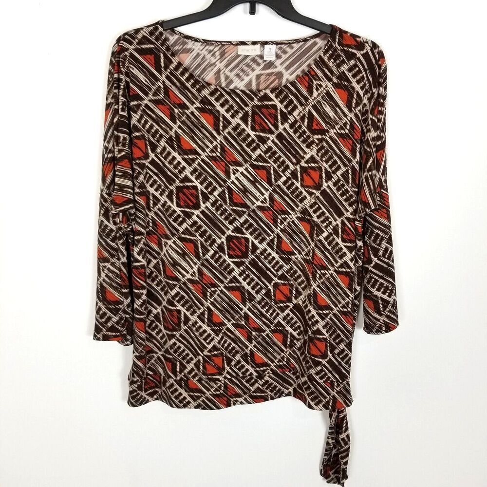 Chico's Blouse Top Womens Sz XL Brown Tie Bottom Travel Business Office Stretch
